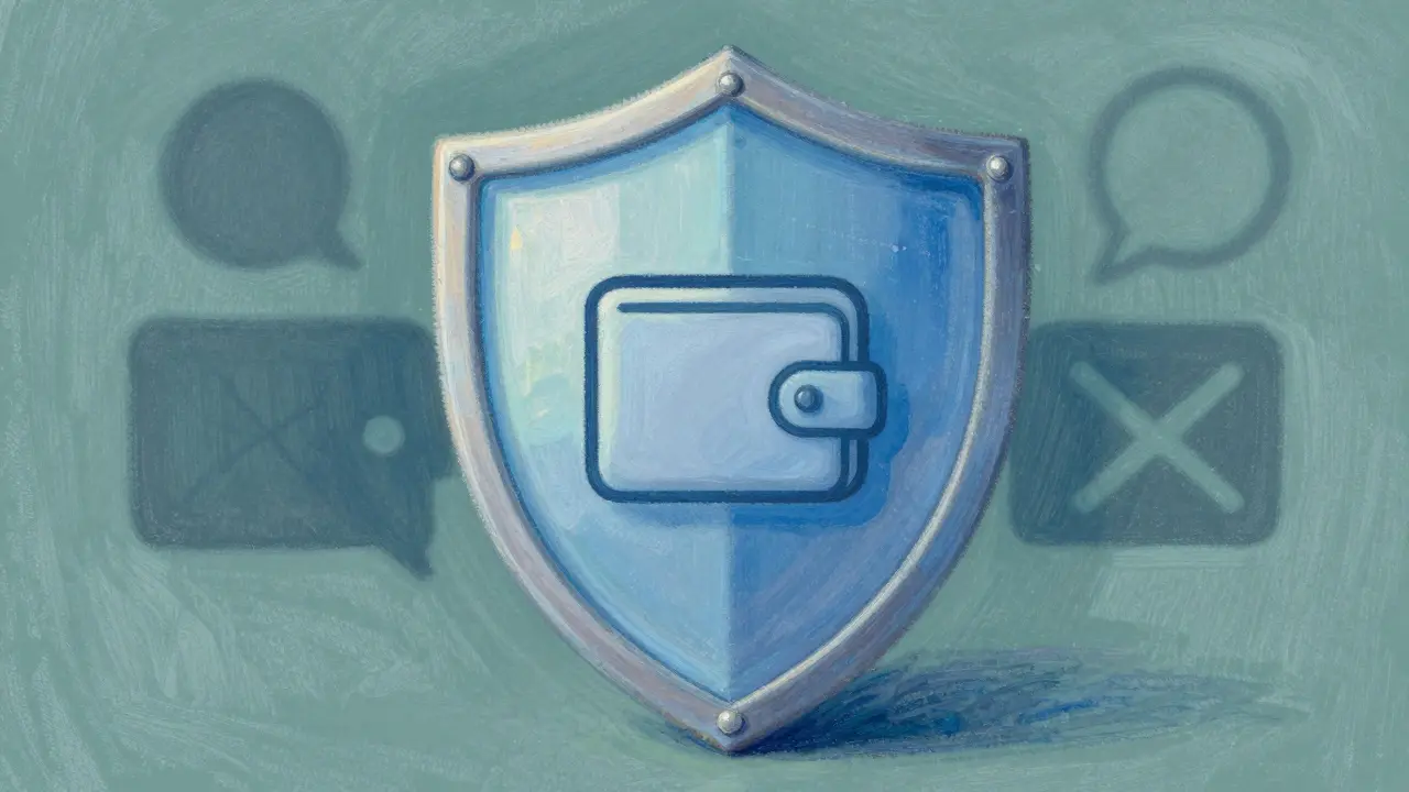 Pastel illustration of a shield protecting a wallet from crypto scams