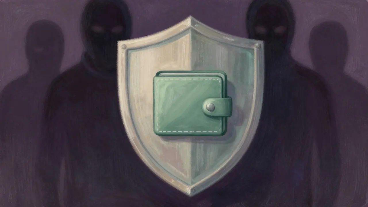 Pastel illustration of a shield protecting a wallet from shadows