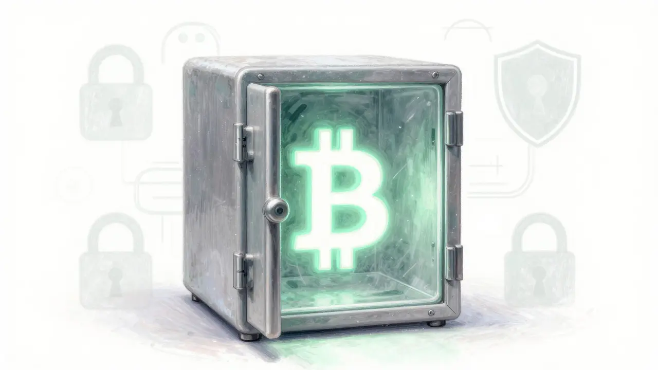 Pastel illustration of Bitcoin secured in a frosty digital vault