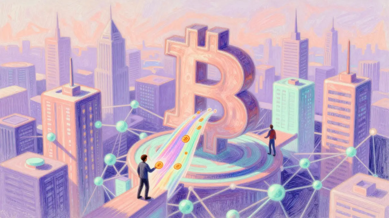 Pastel illustration of blockchain nodes receiving transaction fee energy