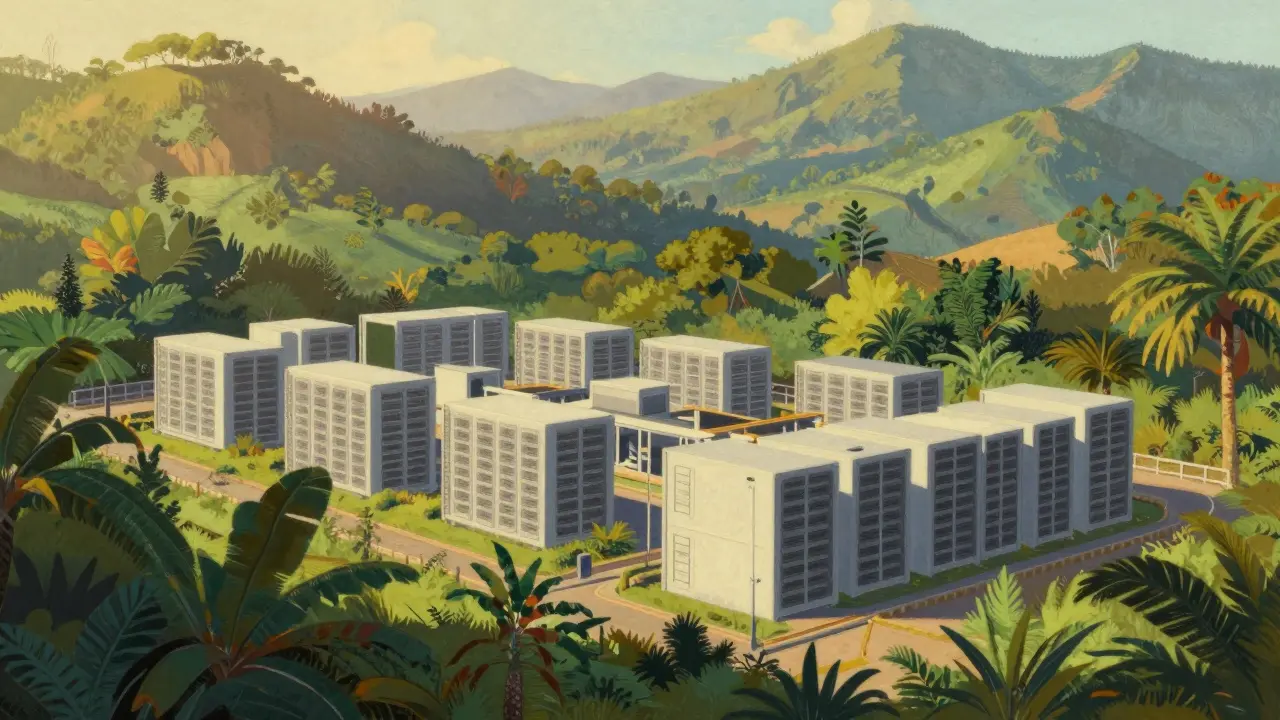 Pastel illustration of eco-friendly crypto mining in Colombian landscape
