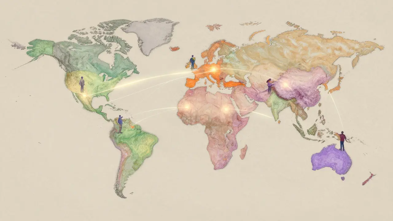 Pastel illustration of globe connected by glowing threads representing crypto