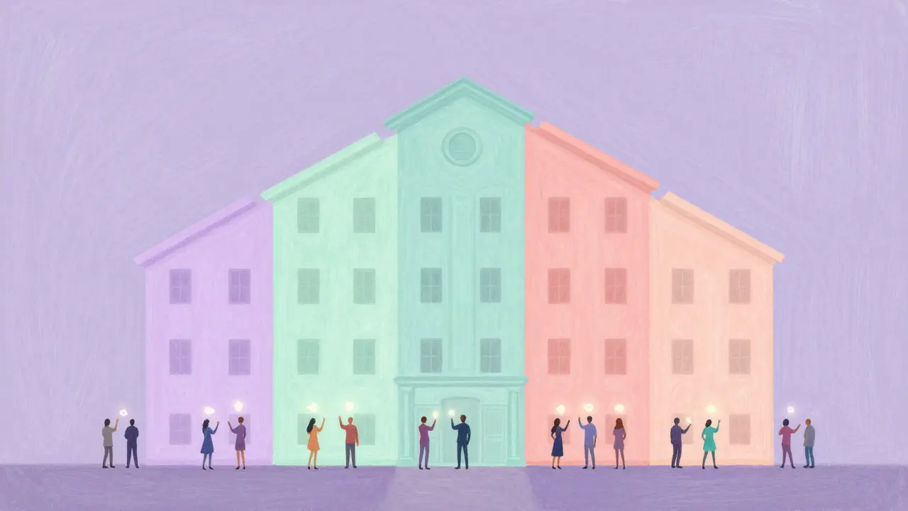 Pastel illustration of people holding shares of a building