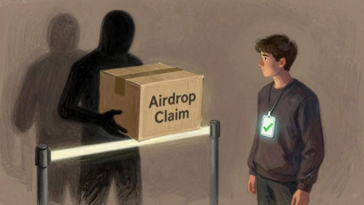 Pastel illustration warning against crypto airdrop scams
