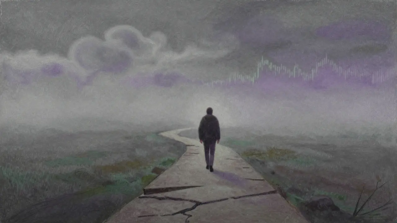 Person walking on a risky path toward uncertainty, pastel art