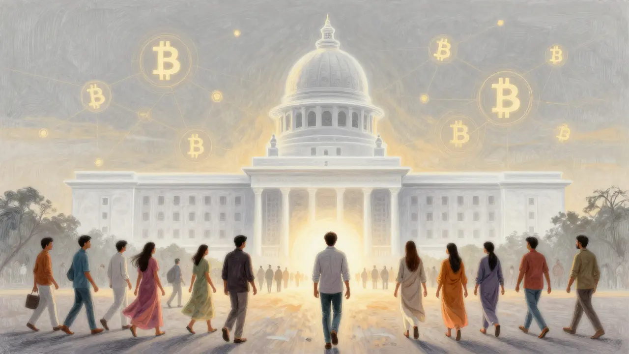 Soft pastel illustration of citizens walking towards a future of integrated crypto regulation.