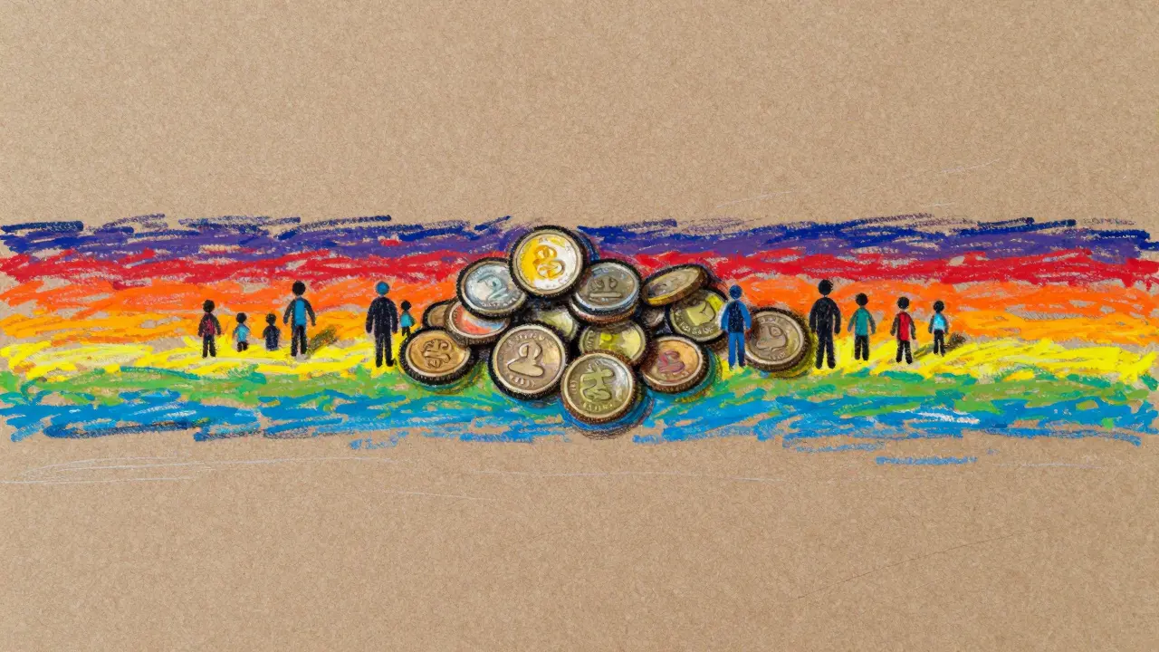 Soft pastel illustration showing concentrated liquidity bands with clustered digital assets.