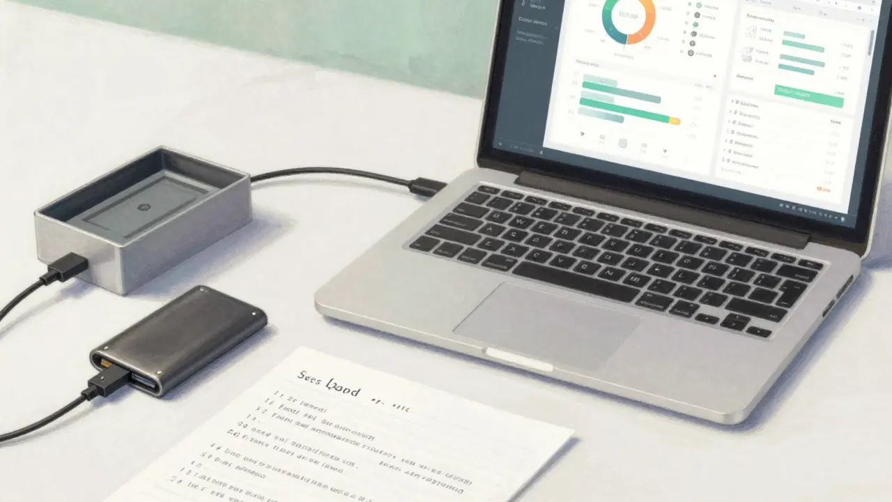 Hardware wallet connected to laptop with backup key