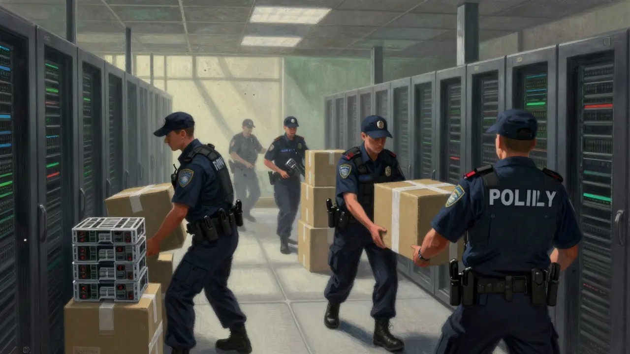 Officers seizing crypto mining equipment during a raid in pastel style