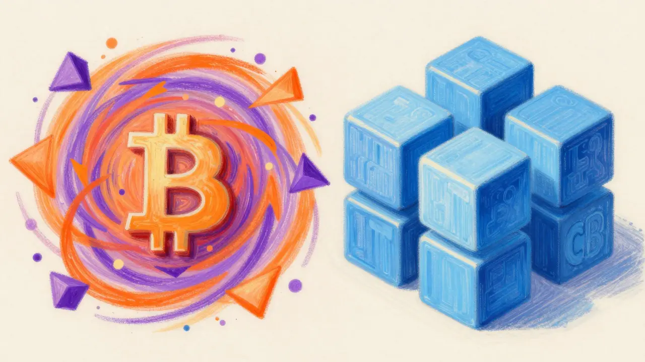 Pastel art contrasting chaotic crypto shapes with orderly blue CBDC blocks.