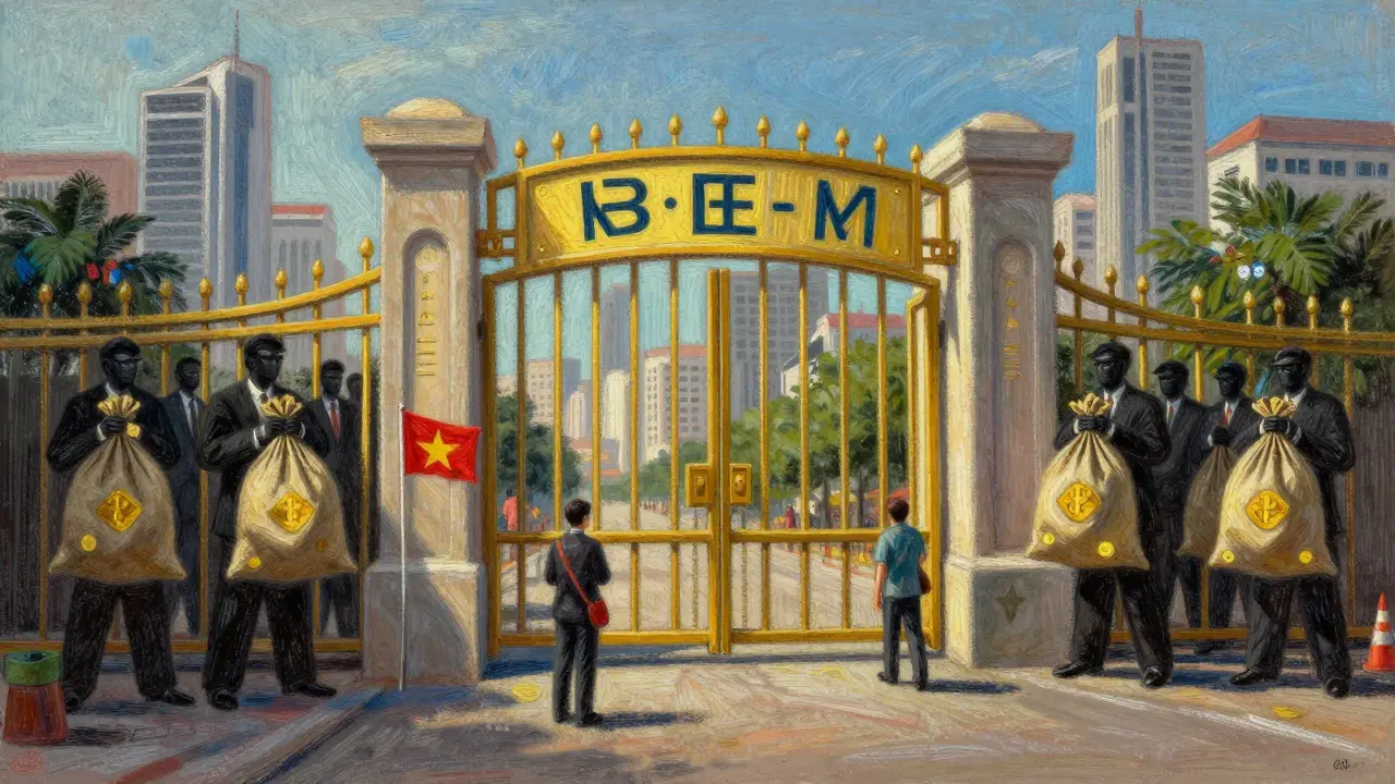 Pastel art depicting high capital barriers for opening crypto exchanges in Vietnam