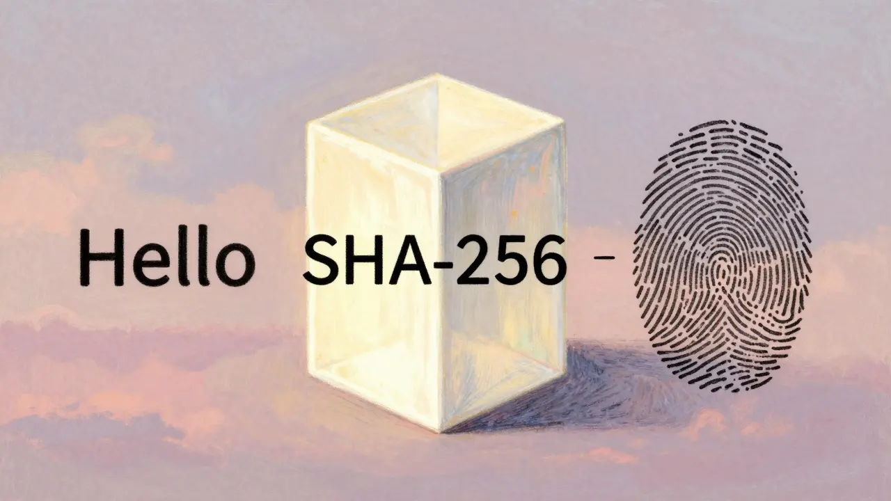 Pastel art illustrating how small data changes create unique cryptographic hashes.