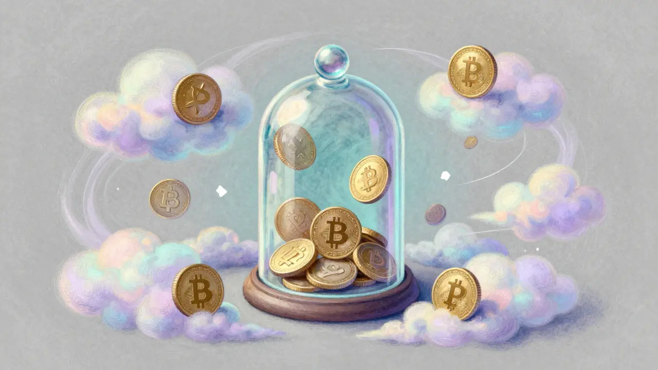 Pastel art of a glass vault holding crypto assets transforming into glowing PCX tokens.