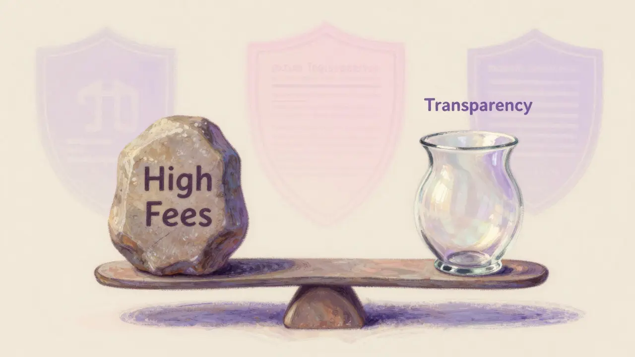 Pastel art of a scale weighing high fees against fragile transparency