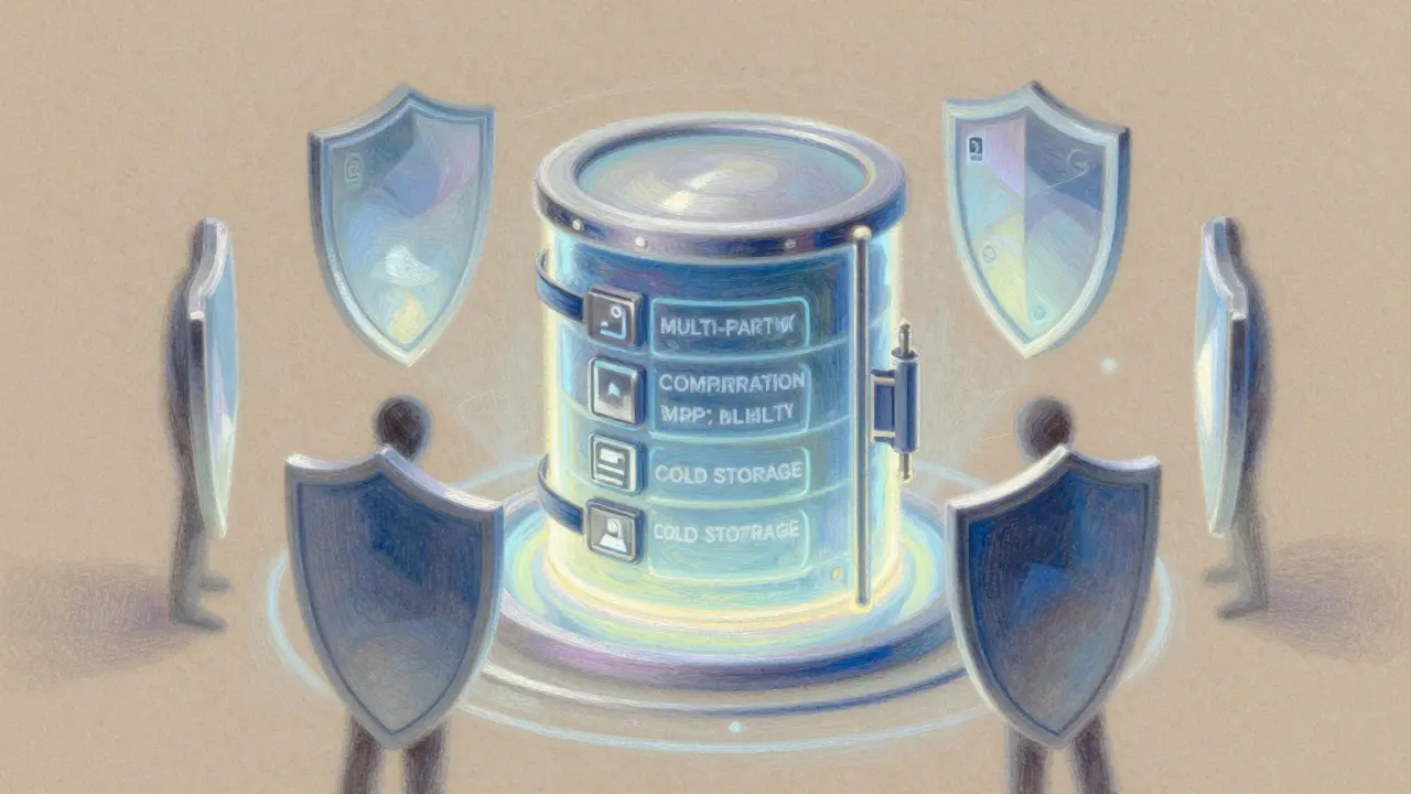 Pastel art of a secure digital vault with protective shields