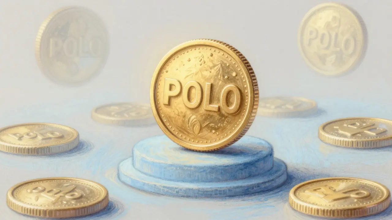 Pastel art of a single glowing POLO token on a pedestal with fading background coins