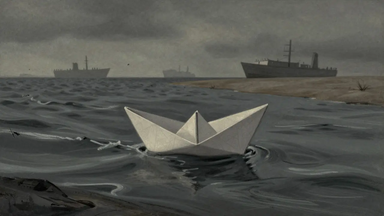 Pastel art of a small boat drifting on receding dark waters near a barren shore.