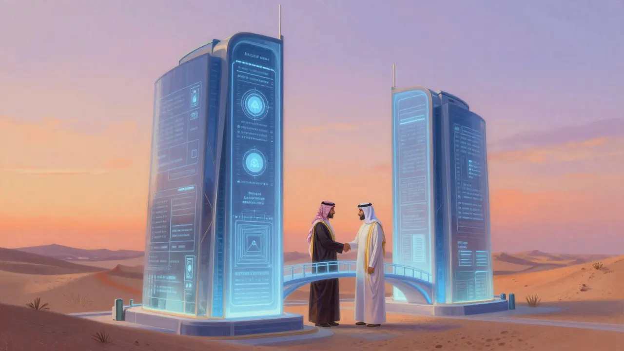 Pastel art of institutional blockchain project with handshake and tech structures