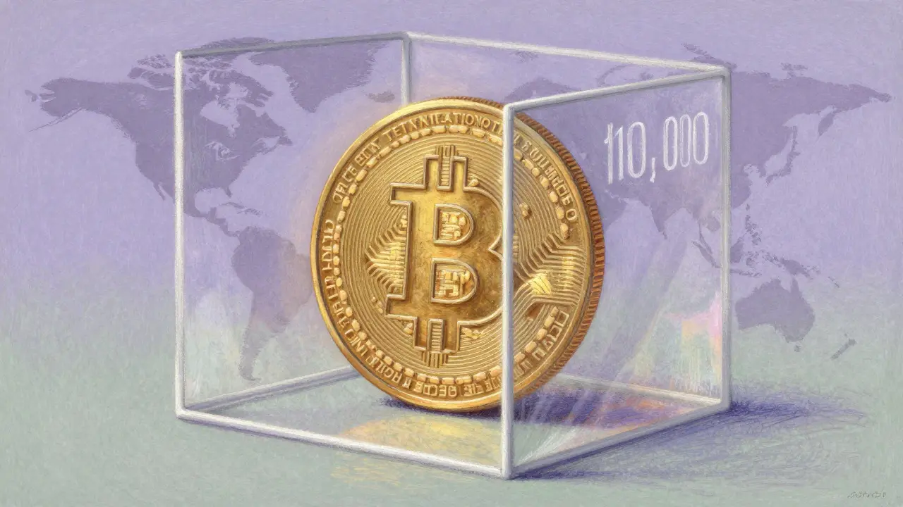 Pastel art showing a Bitcoin coin blocked by a regulatory barrier
