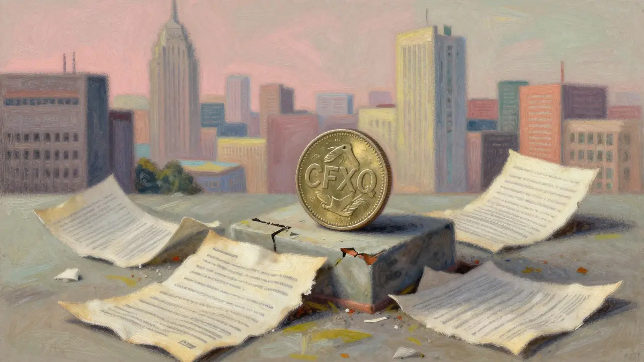 Pastel art showing a crumbling CFXQ coin and faded documents