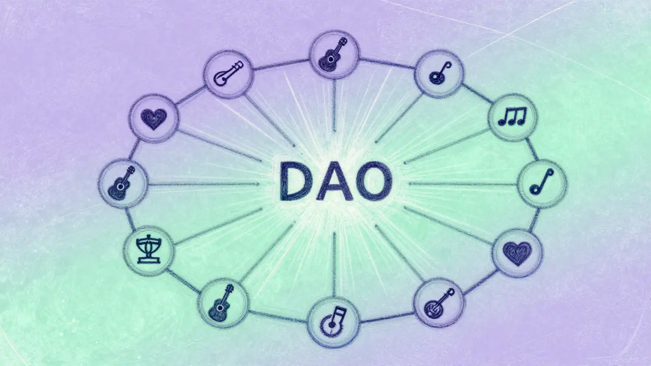 Pastel art showing a decentralized network of music and community nodes