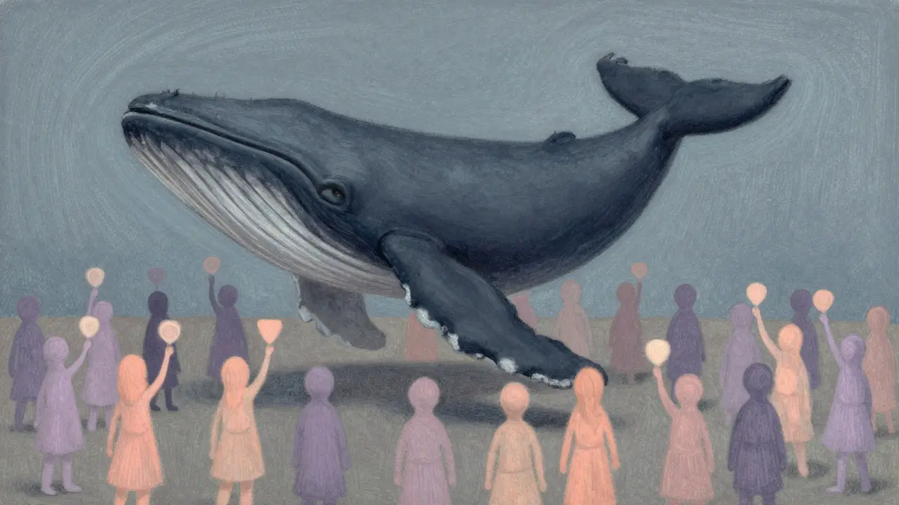 Pastel art showing a large figure dominating small voters