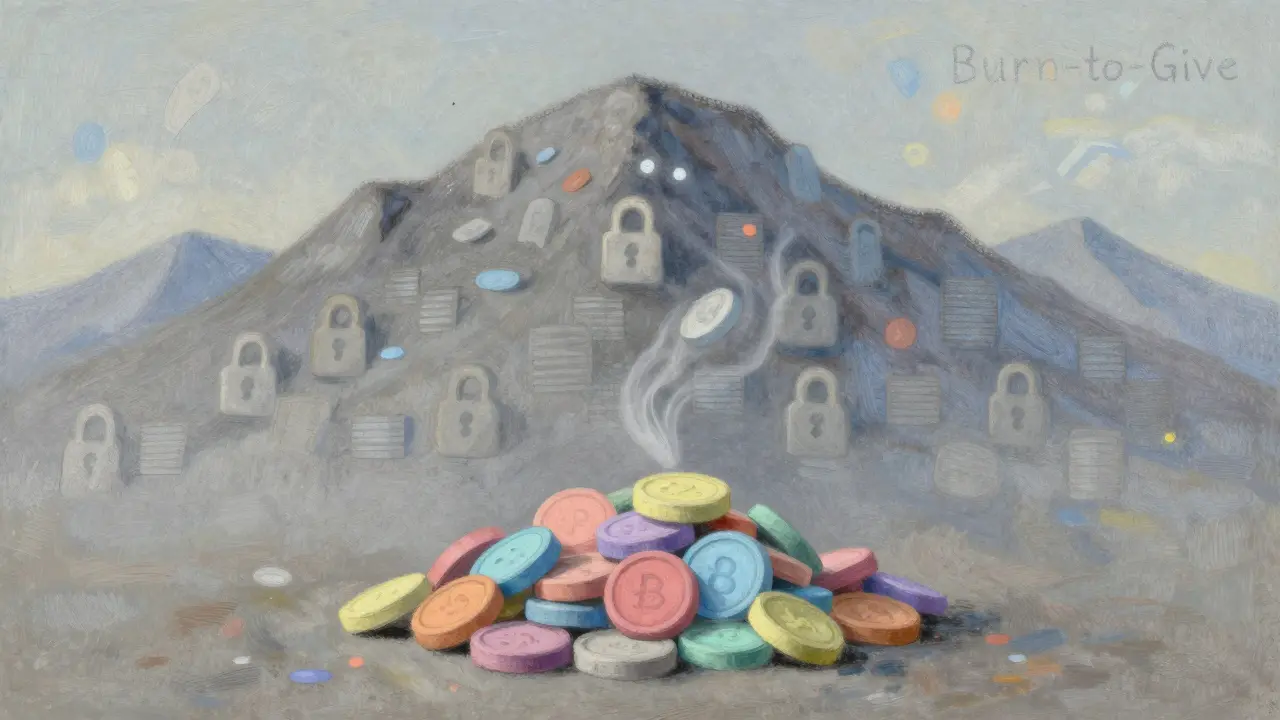 Pastel art showing a small pile of tokens in front of a large, hazy mountain representing locked supply.