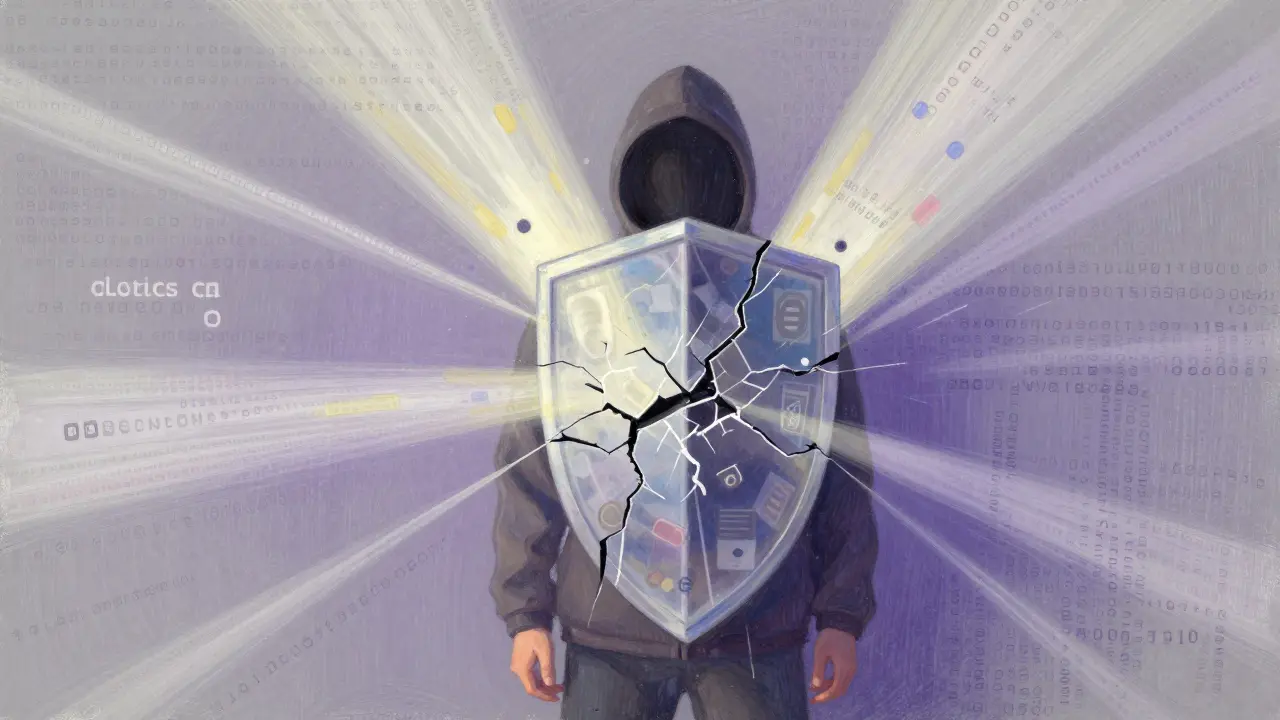 Pastel art showing digital anonymity shields cracking under regulatory scrutiny.