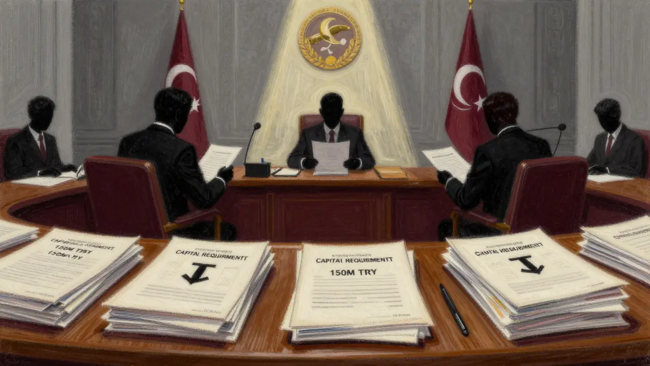 Pastel art showing strict regulatory documents and capital requirements for crypto