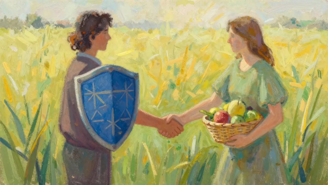 Pastel art showing two figures shaking hands with shields and fruit baskets