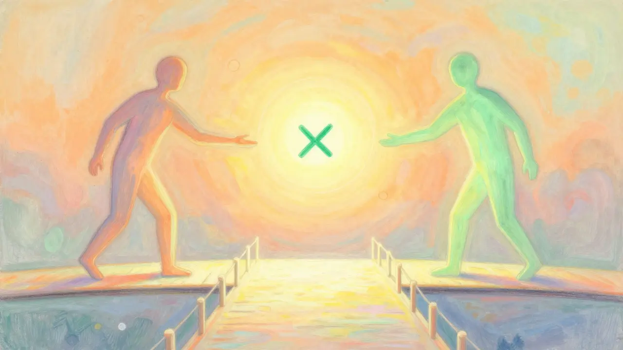 Pastel art showing two figures trading directly via a light bridge, no middleman.