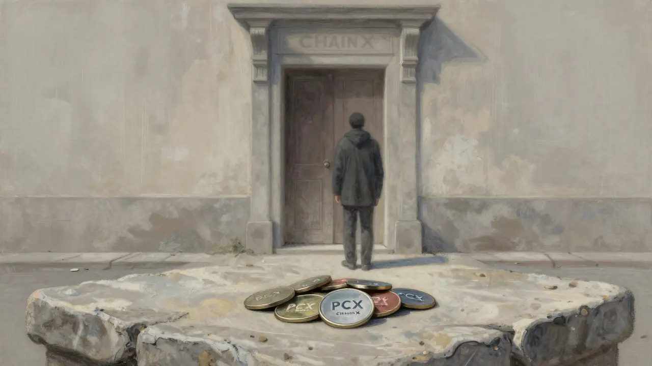 Pastel drawing of a figure near a faded doorway with PCX tokens in the foreground.