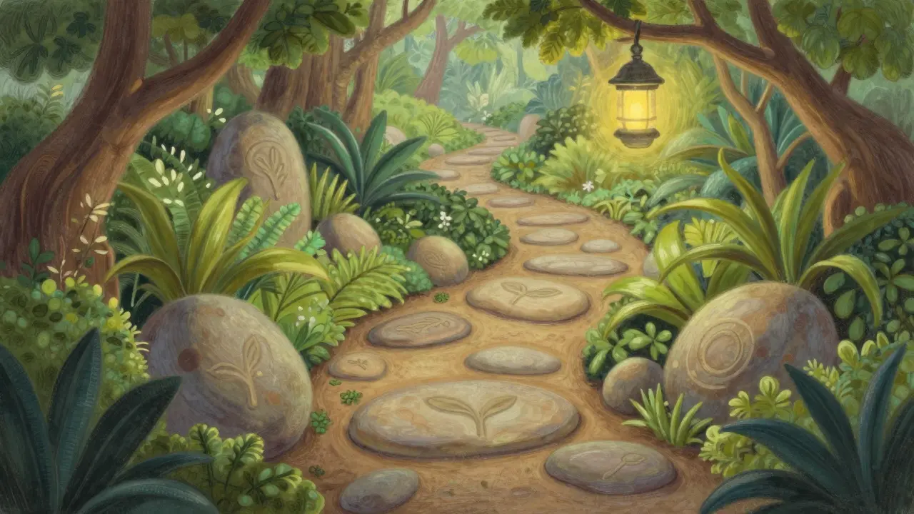 Pastel drawing of a garden path with glowing lanterns and smooth stones