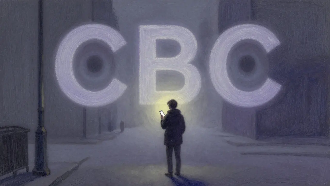 Pastel drawing of a person with a phone watched by shadowy eyes in a foggy street.