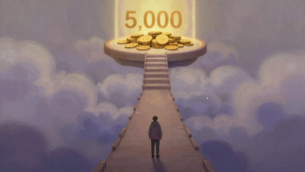 Pastel drawing of a trader facing a high mountain of tokens, symbolizing entry barriers.