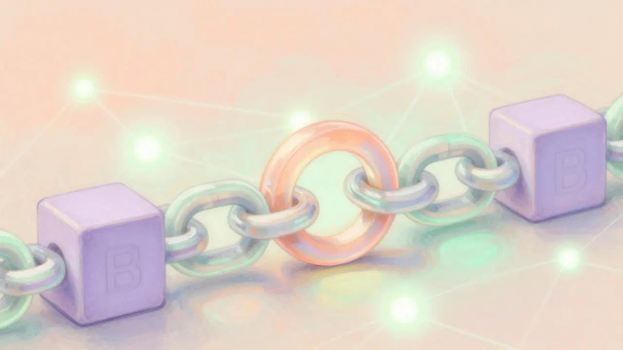 Pastel drawing of interlocking blockchain rings connected by decentralized nodes.