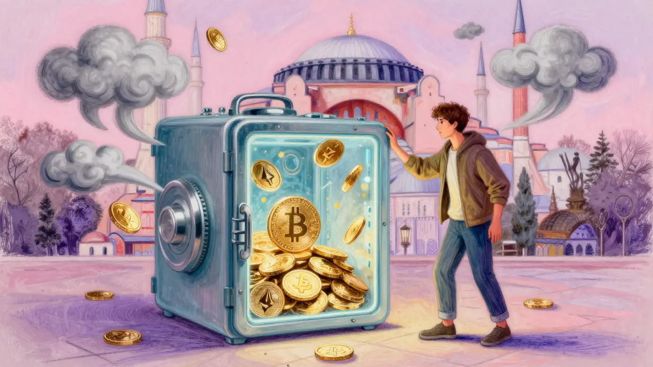 Pastel illustration of a citizen protecting crypto assets from economic inflation