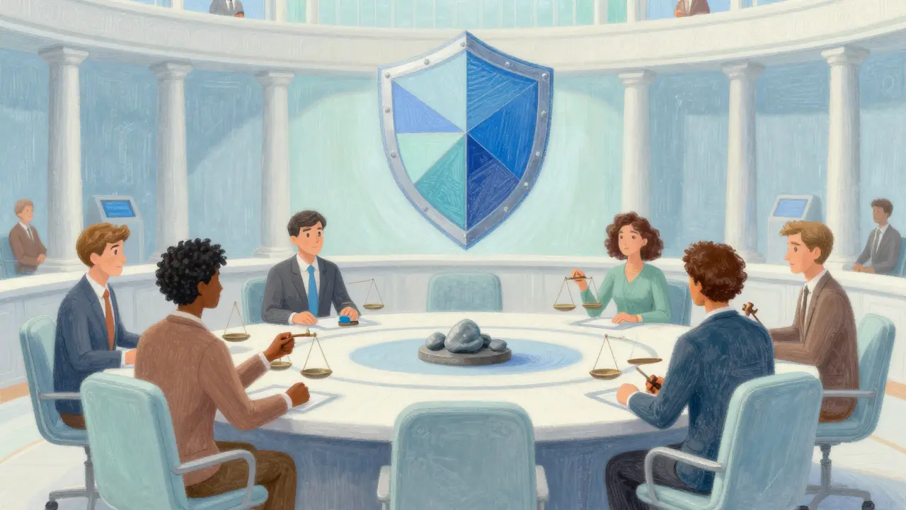 Pastel illustration of a council using scales for secure, balanced voting.