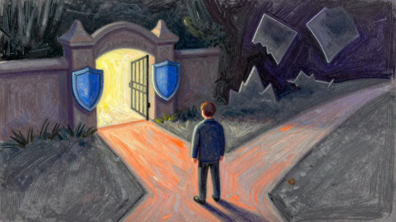 Pastel illustration of a figure choosing between a safe path and a shadowy scam path