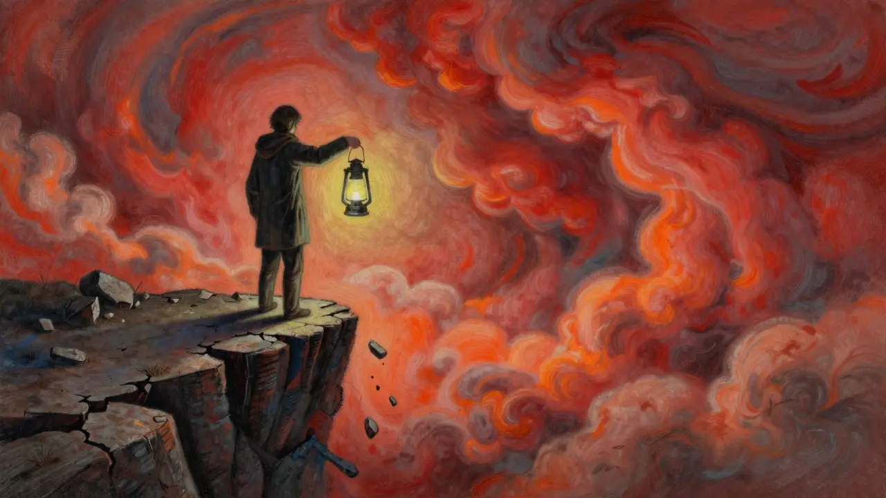 Pastel illustration of a figure standing on a crumbling cliff edge overlooking a void.