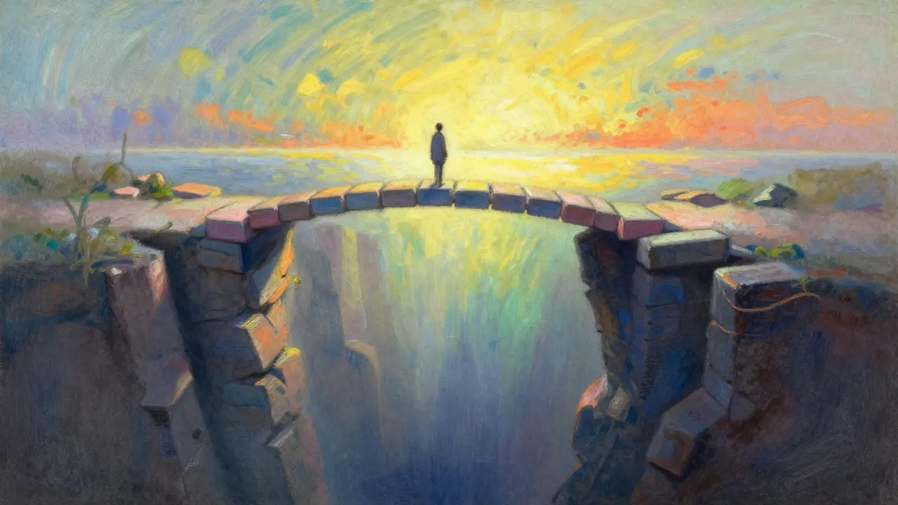 Pastel illustration of a fragile bridge over a chasm, symbolizing market volatility and trading risks.