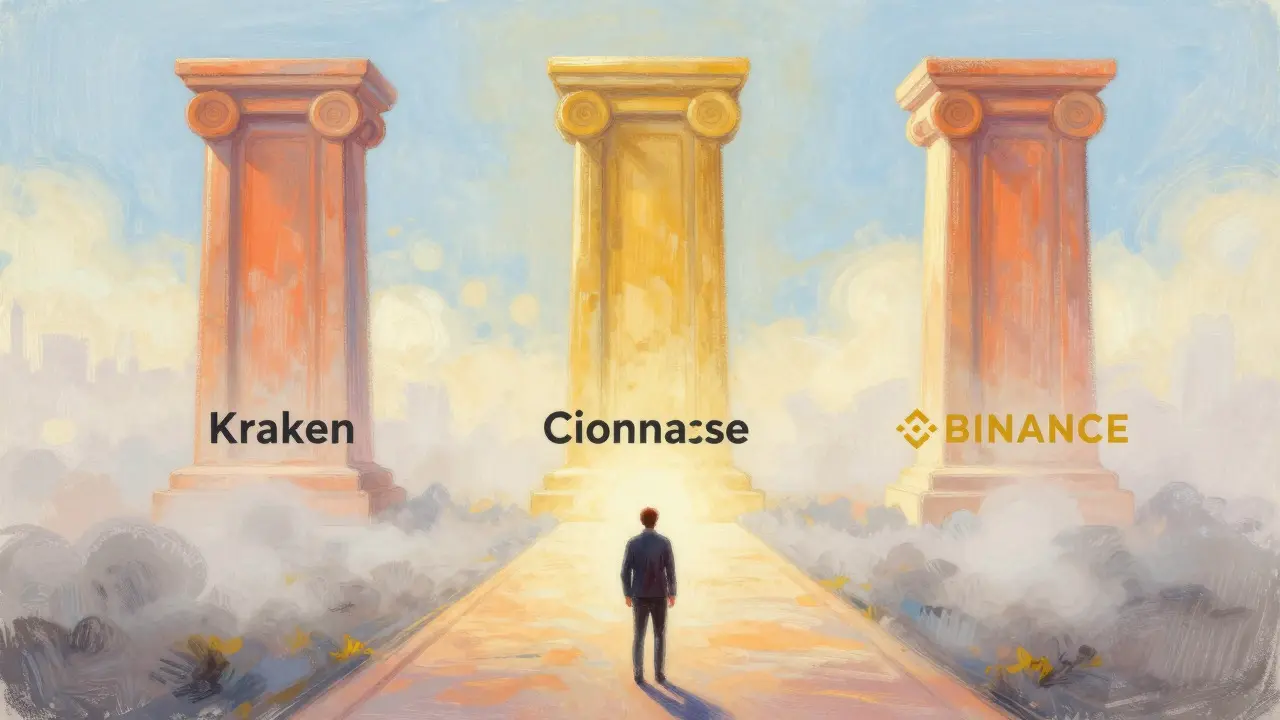 Pastel illustration of a path leading to stable crypto exchange pillars