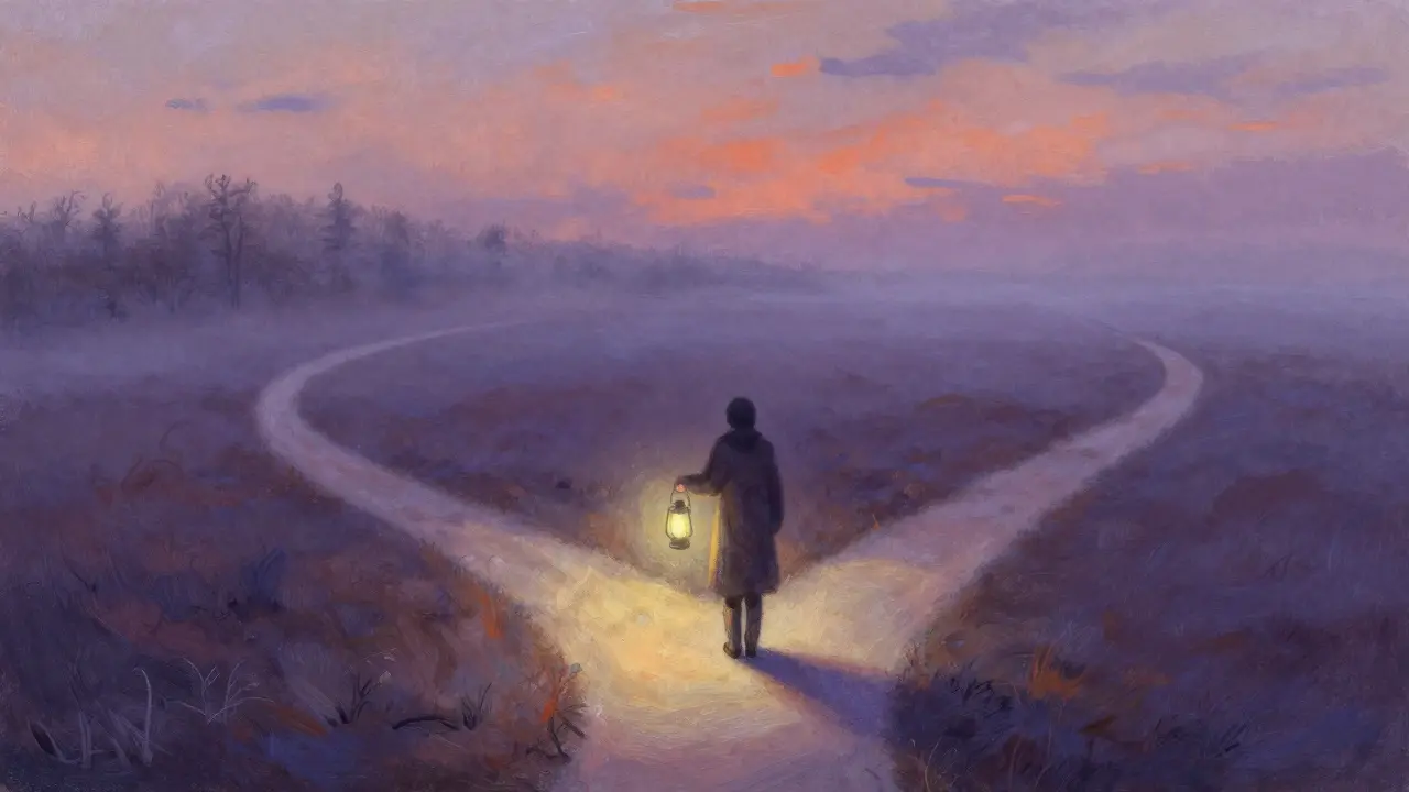 Pastel illustration of a person at a crossroads with a lantern, showing crypto choices.