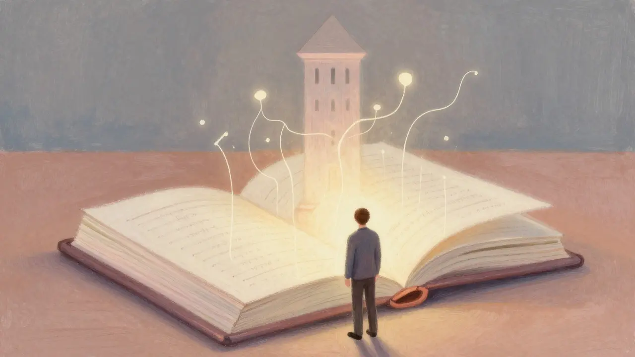 Pastel illustration of a person viewing glowing data from a ledger