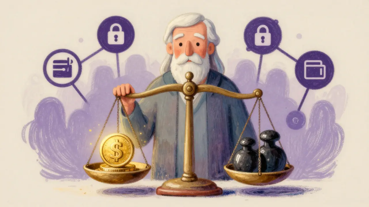 Pastel illustration of a scale balancing small gains against potential risks.