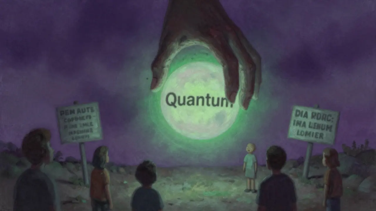Pastel illustration of a shadowy hand holding a deceptive quantum orb
