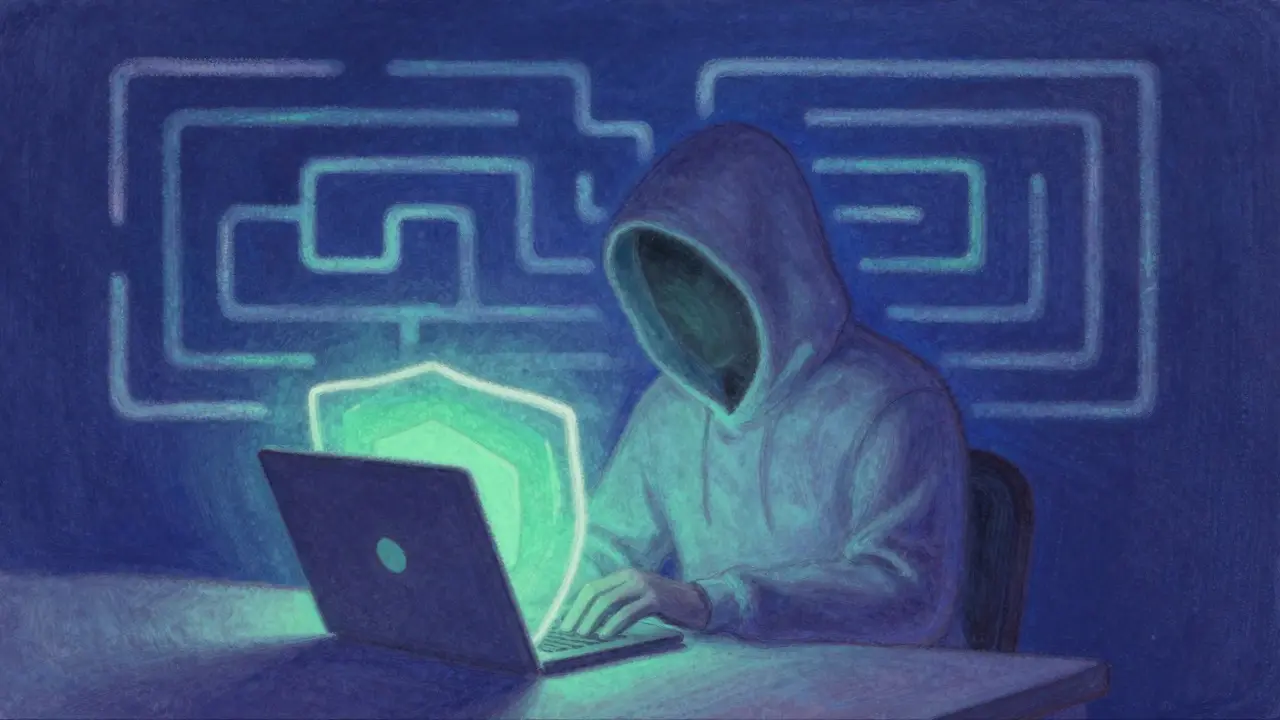 Pastel illustration of a user protected by a glowing privacy shield and encrypted data