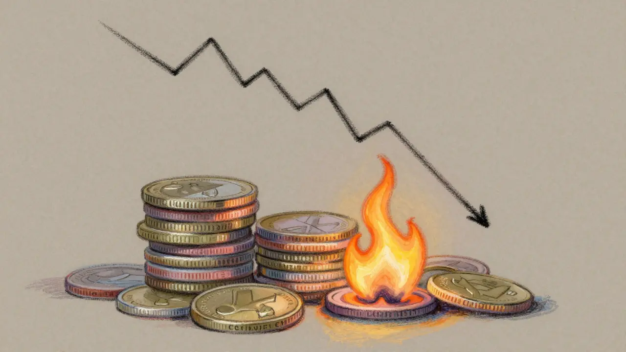 Pastel illustration of coins burning and a price chart dropping, depicting tokenomics and risk.