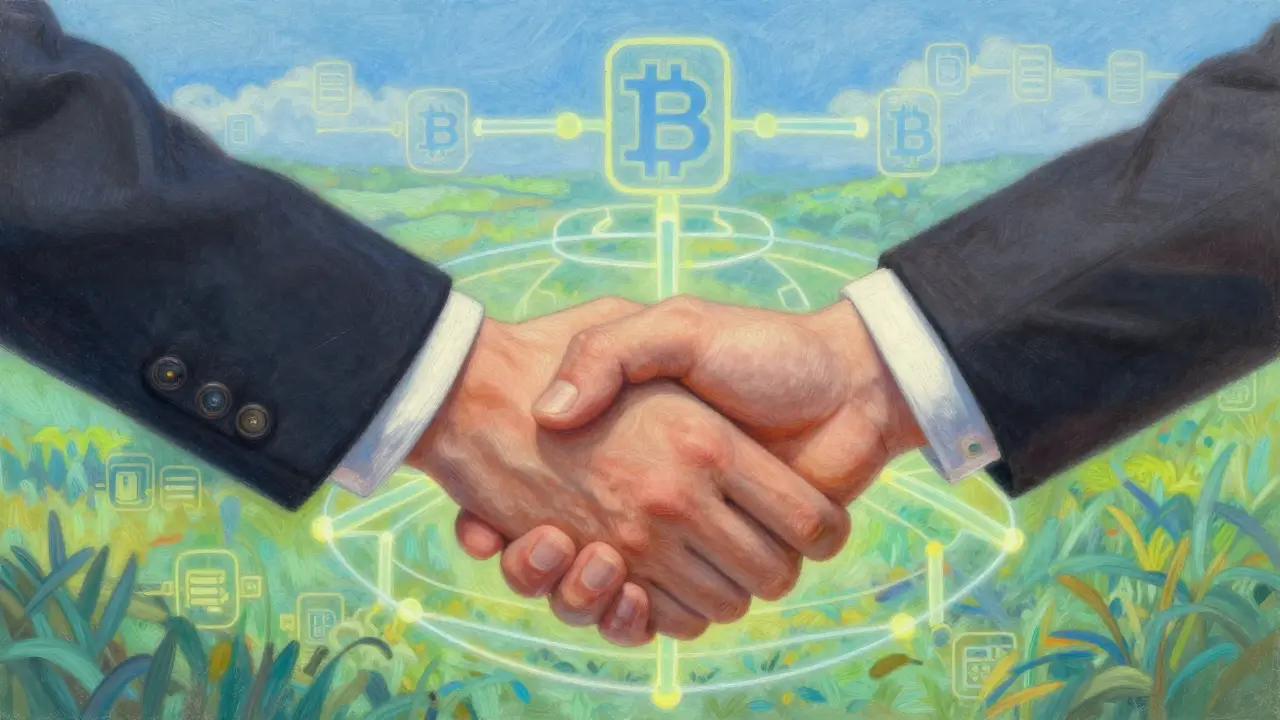 Pastel illustration of hands shaking over a blockchain, symbolizing new crypto rules.