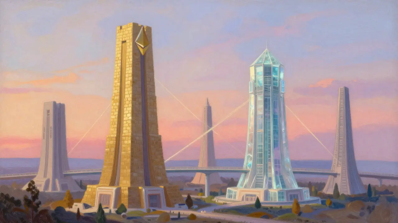 Pastel landscape of connected towers representing different blockchain data layers.